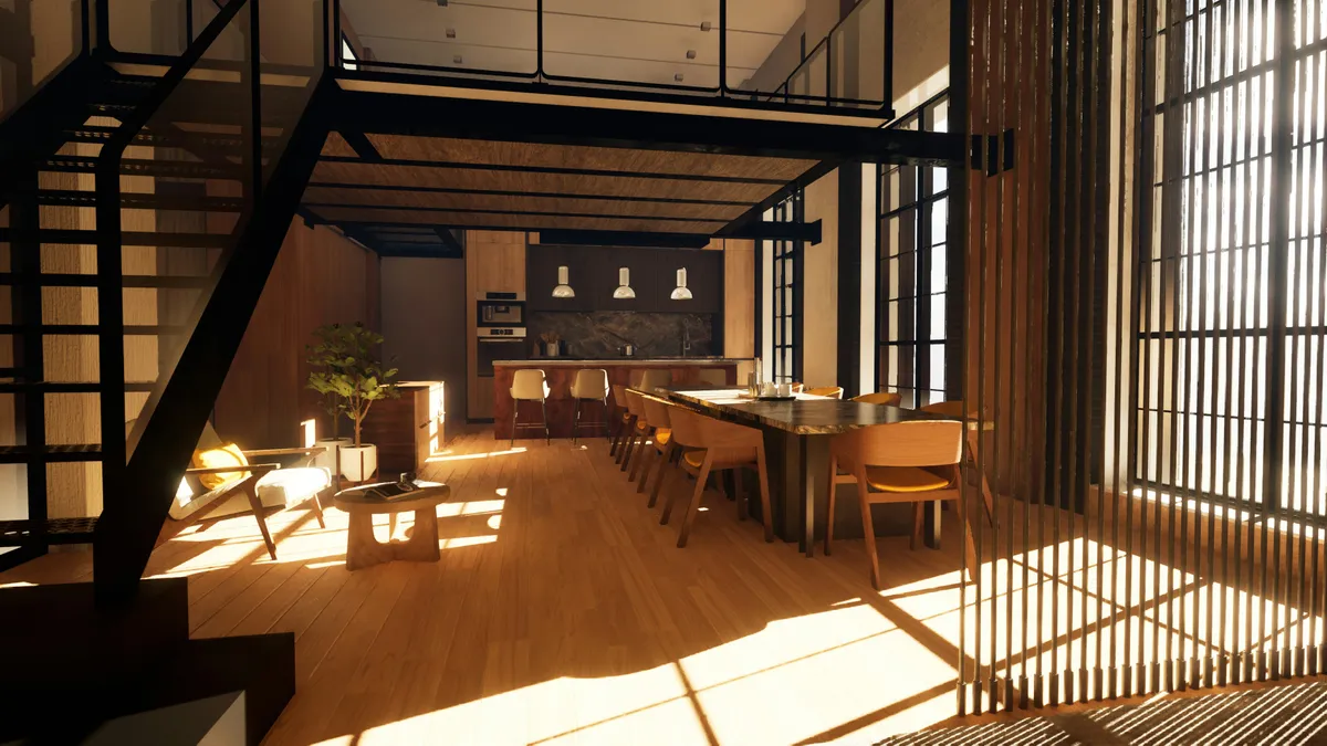 Loft sous verrière industrielle, escalier métallique noir, parquet clair baigné de soleil et longue table à manger