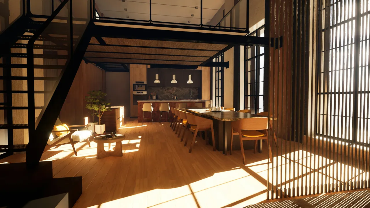Loft rénové baigné de soleil, escalier en métal noir, parquet en bois, grande table à manger et cuisine ouverte