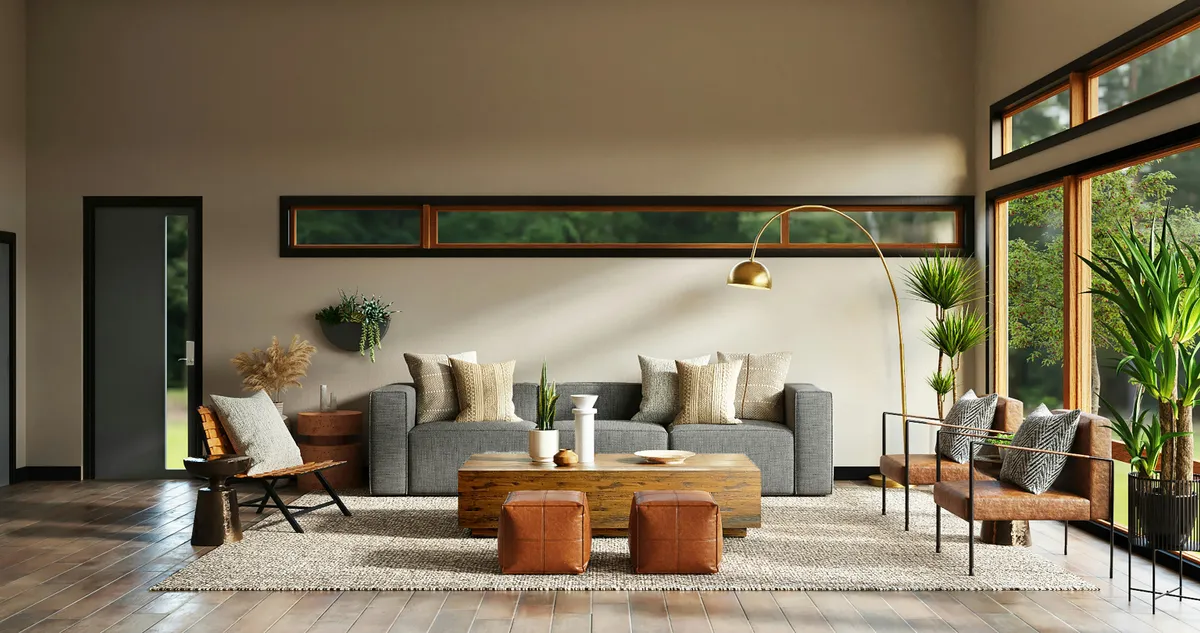 Grand séjour de maison ouvert sur le jardin par de larges baies vitrées, canapé gris et poufs en cuir