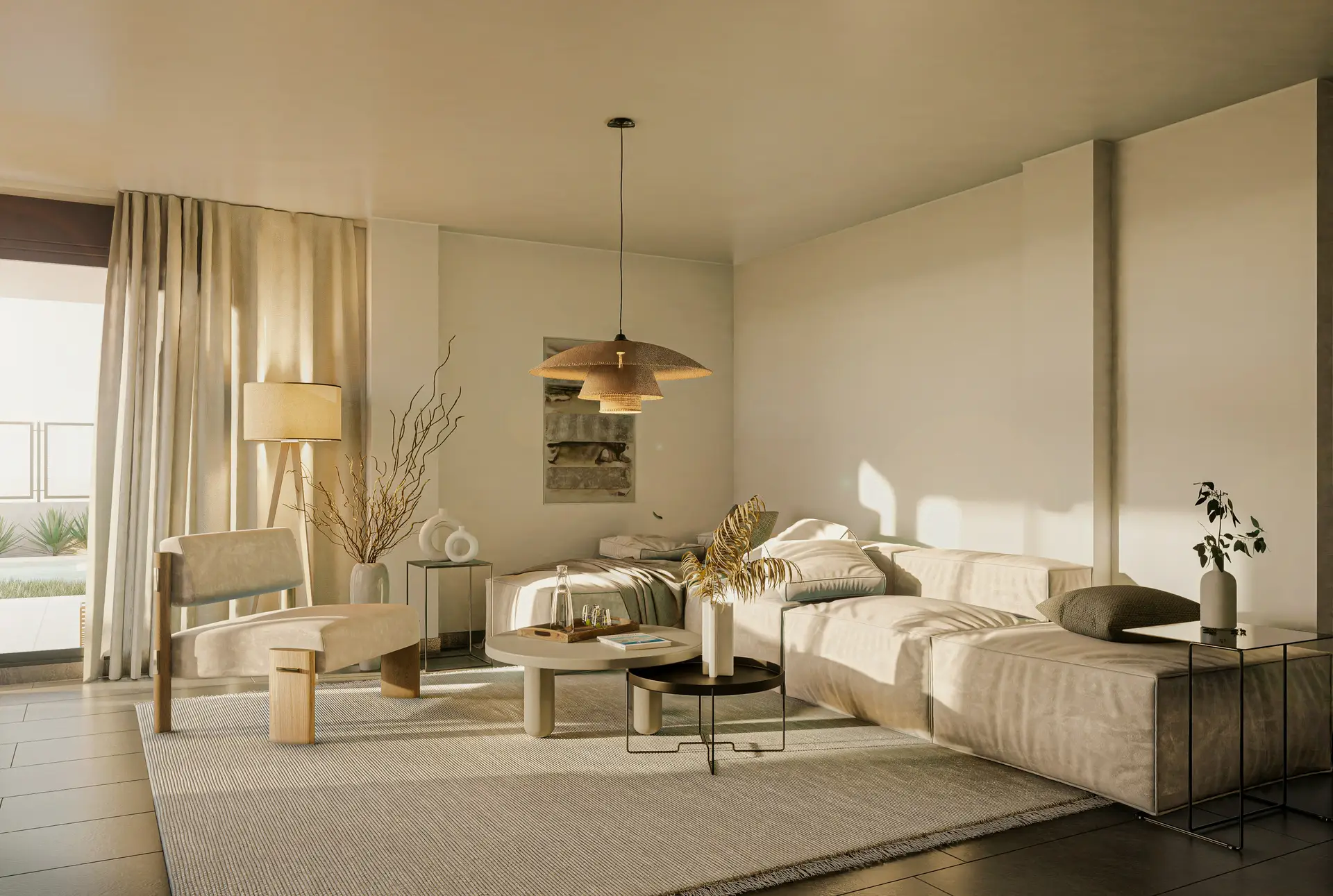 Salon baigné de lumière naturelle, canapé en lin clair, suspension en fibres naturelles et tapis beige